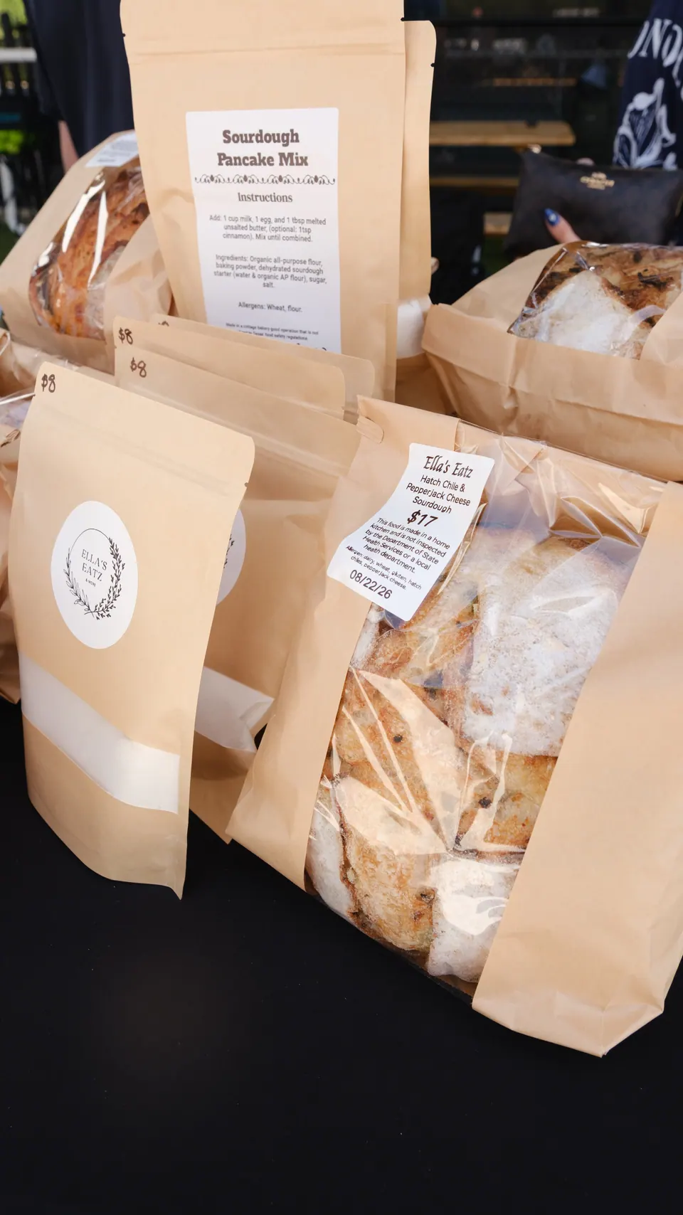 Packaged sourdough loaves and pancake mix at Ella’s Eatz stall