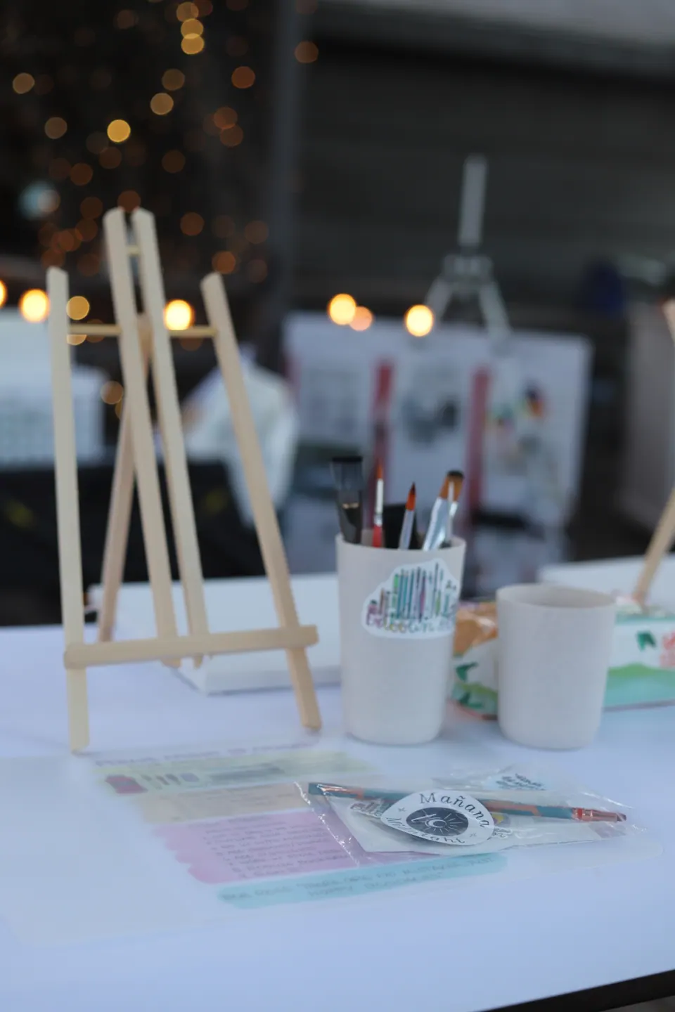 Easels and paintbrushes ready for a Mañana to Midnight painting gathering