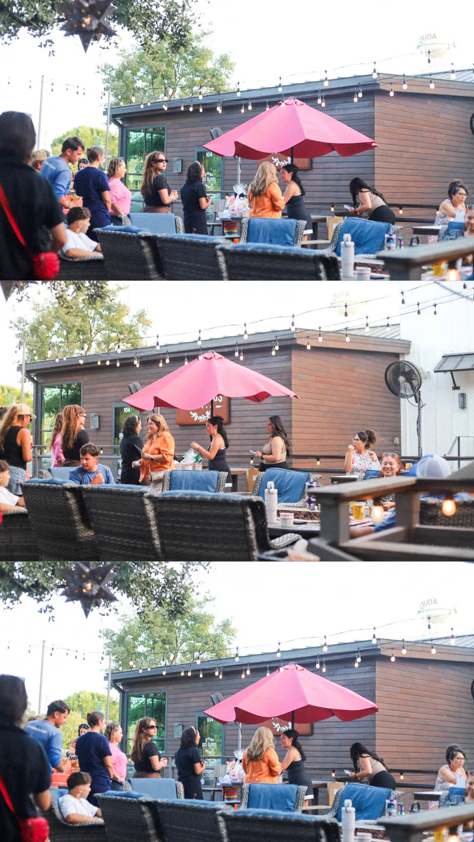 Three photographs of guests chatting on a patio under string lights